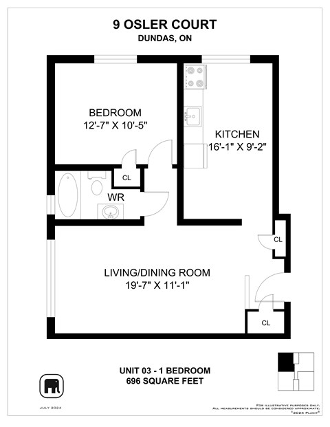 A floor plan for a 9 OSLER COURT unit shows a bedroom, kitchen, and living/dining room.